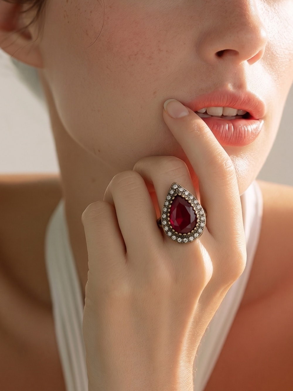 Vintage Teardrop Pear Red Gemstone Ring Ottoman Empire Adjustable Statement Ring